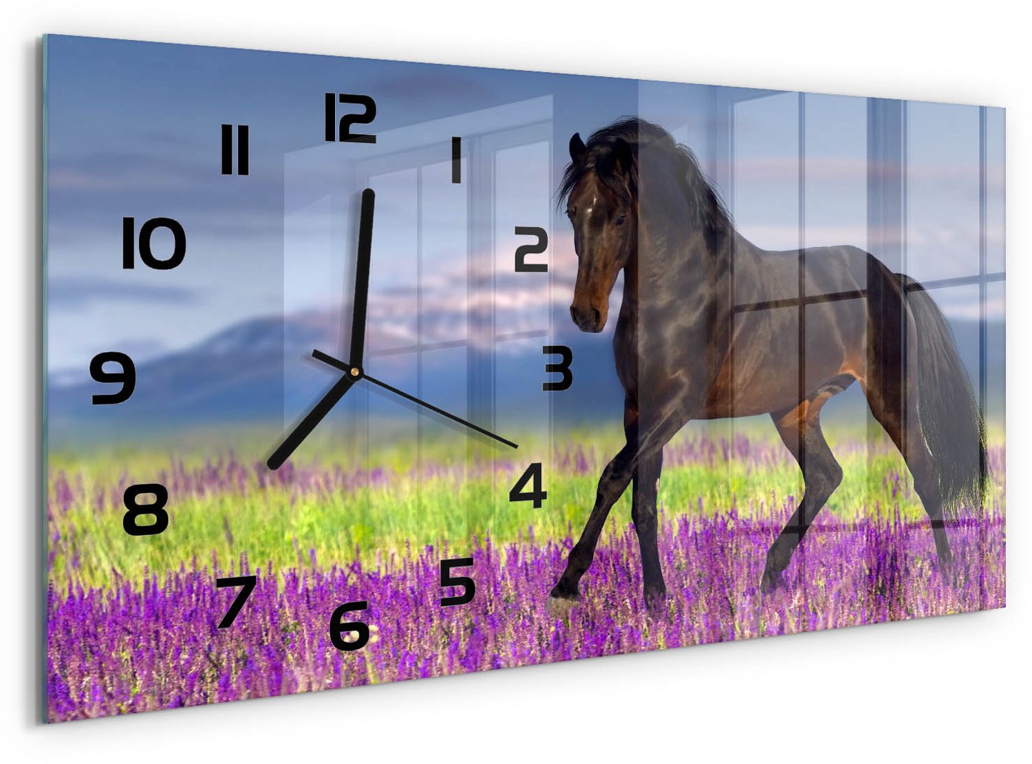 TULUP Wandklok - Paard in het lavendelveld Gekleurde Glazen Klok - 60x30 cm - Bruin Glazen Klok Met Print - Zwarte handen - Rechthoekige Klok - Moderne Wandklok Glas - Wandklok Glas Decoratie