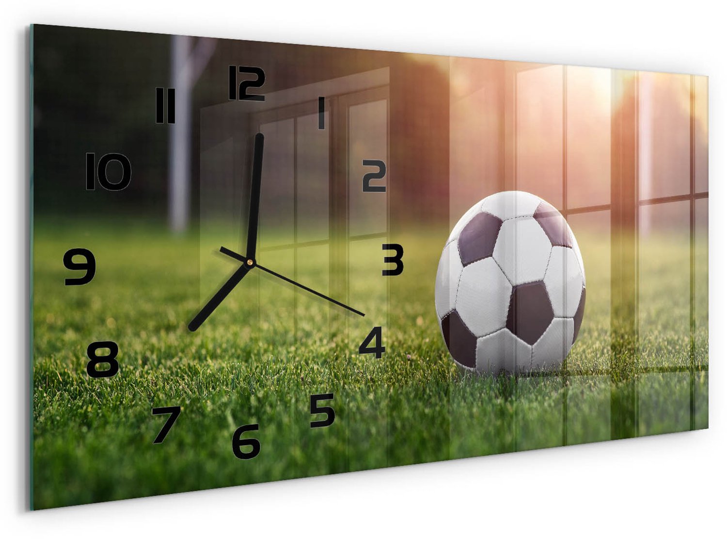 TULUP Wandklok - Voetbal Decoratieve Glazen Klok - 60x30 cm - Groente Glazen Wandklok Design - Zwarte handen - Rechthoekige Klok - Glazen Klok Met Print - Wandklok Glas Met Motief