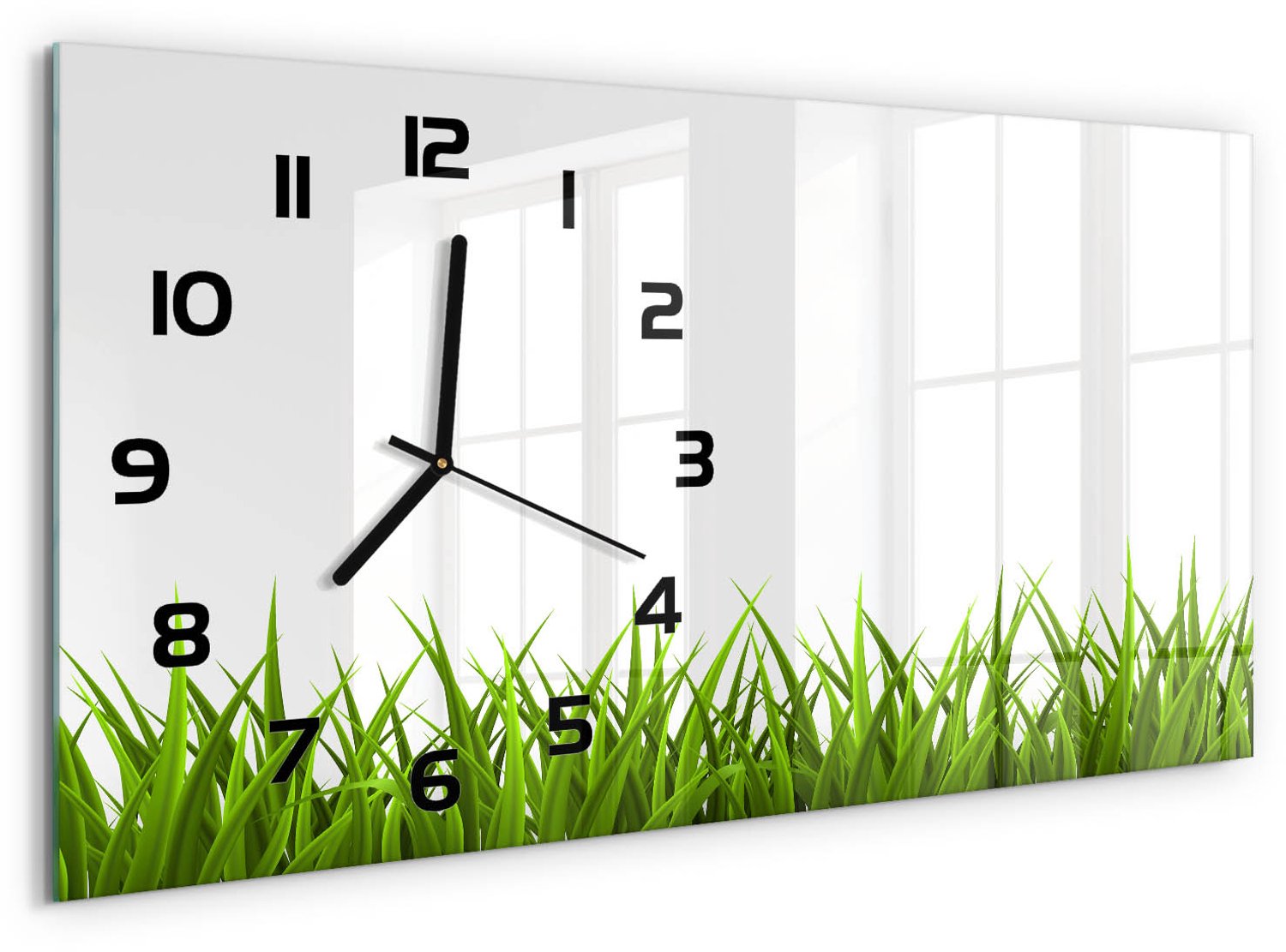 TULUP Wandklok - Gras Wandklok Glas Met Motief - 60x30 cm - Groente Decoratieve Glazen Klok - Zwarte handen - Rechthoekige Klok - Gekleurde Glazen Klok - Glazen Klok Met Print