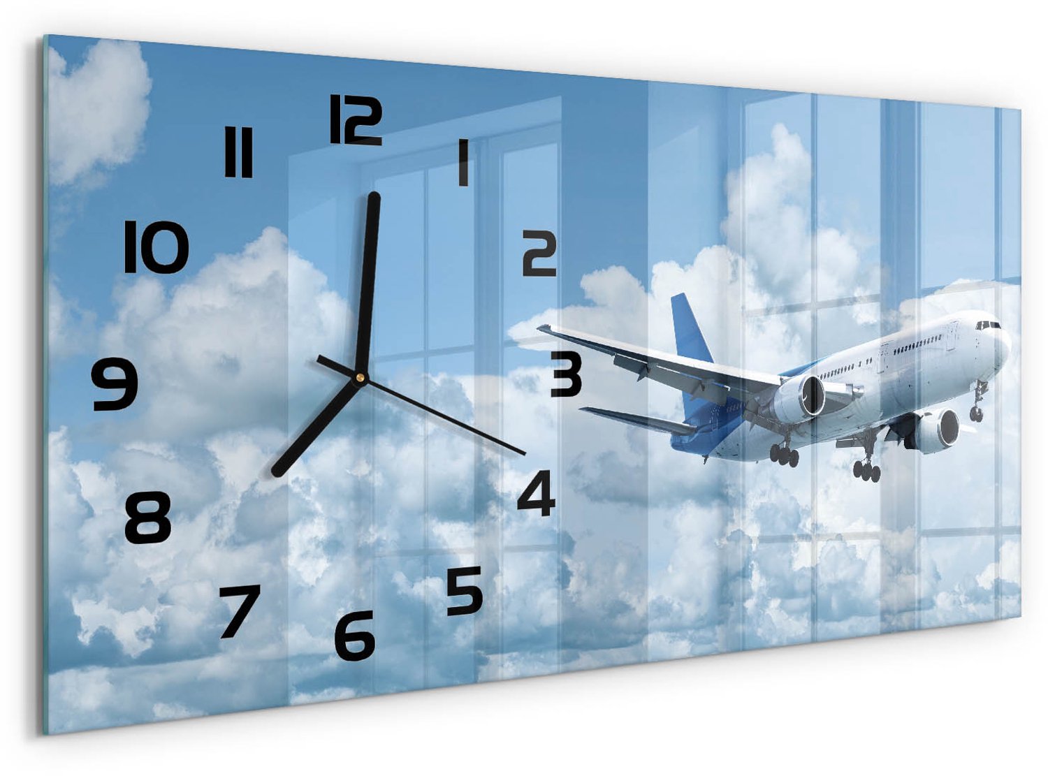 TULUP Wandklok - Vliegtuig in de lucht Wandklok Glas Decoratie - 60x30 cm - Blauw Gekleurde Glazen Klok - Zwarte handen - Rechthoekige Klok - Klok Glas Met Opdruk - Moderne Wandklok Glas