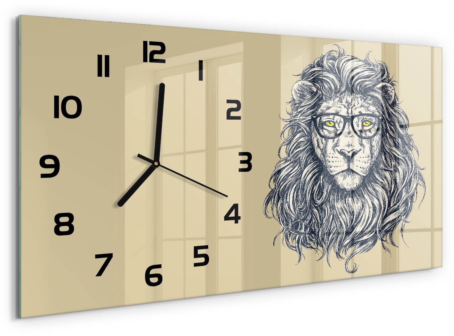 TULUP Wandklok - Hipster Leeuw Glazen Klok Met Print - 60x30 cm - Beige Wandklok Glas Met Motief - Zwarte handen - Rechthoekige Klok - Wandklok Glas Decoratie - Gekleurde Glazen Klok