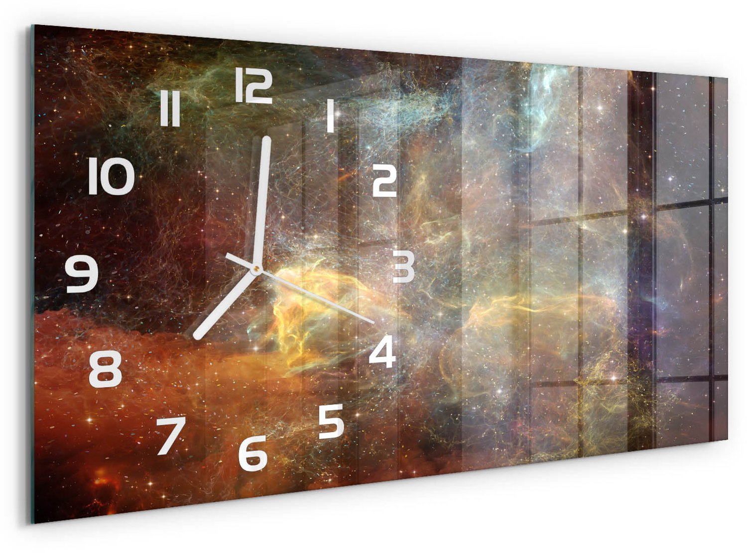 TULUP Wandklok - Kosmos Wandklok Glas Met Motief - 60x30 cm - Veelkleurig Decoratieve Glazen Klok - Witte handen - Rechthoekige Klok - Gekleurde Glazen Klok - Glazen Klok Met Print