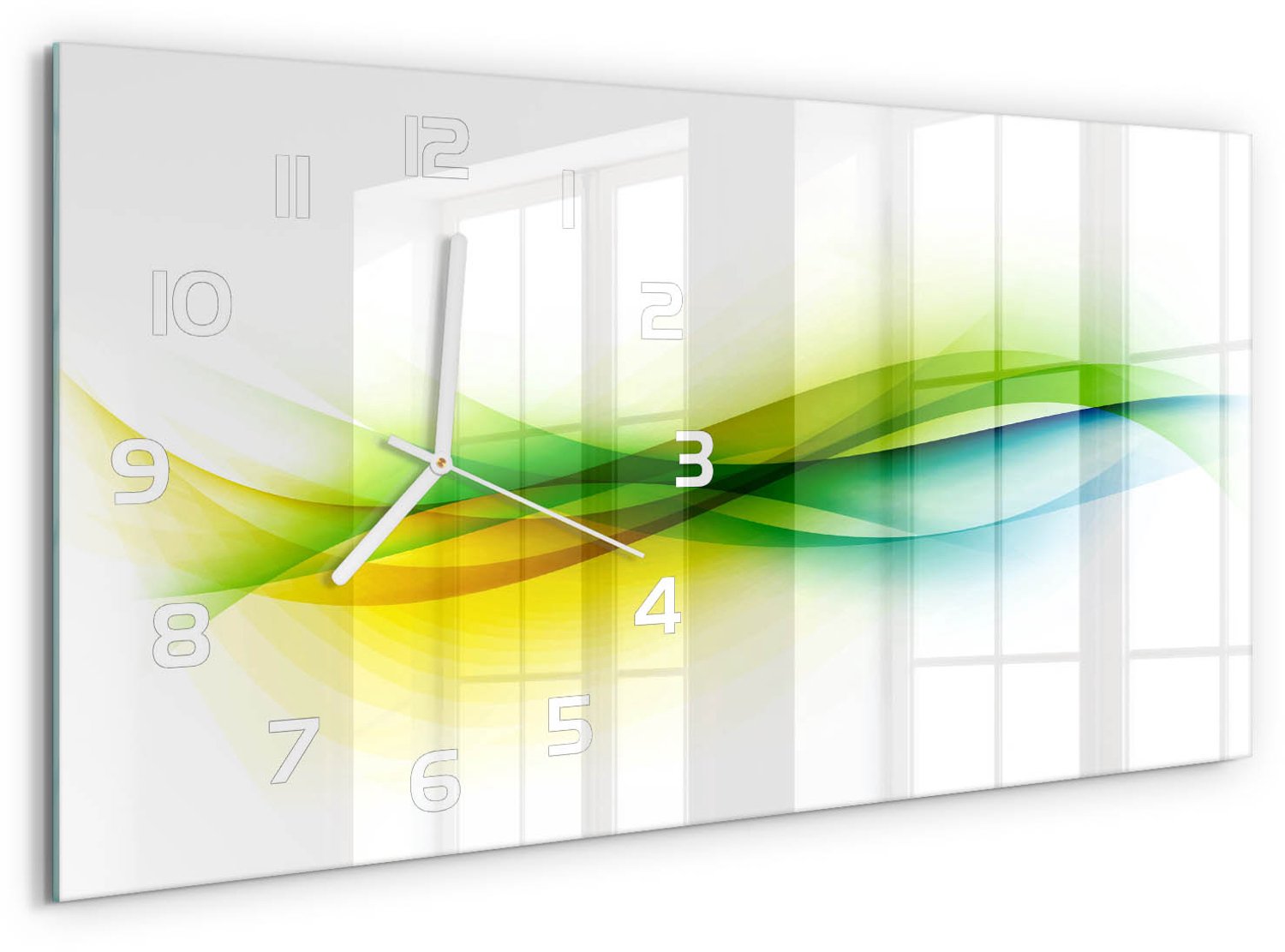 TULUP Wandklok - Golfabstractie Glazen Klok Met Print - 60x30 cm - Veelkleurig Wandklok Glas Met Motief - Witte handen - Rechthoekige Klok - Wandklok Glas Decoratie - Gekleurde Glazen Klok