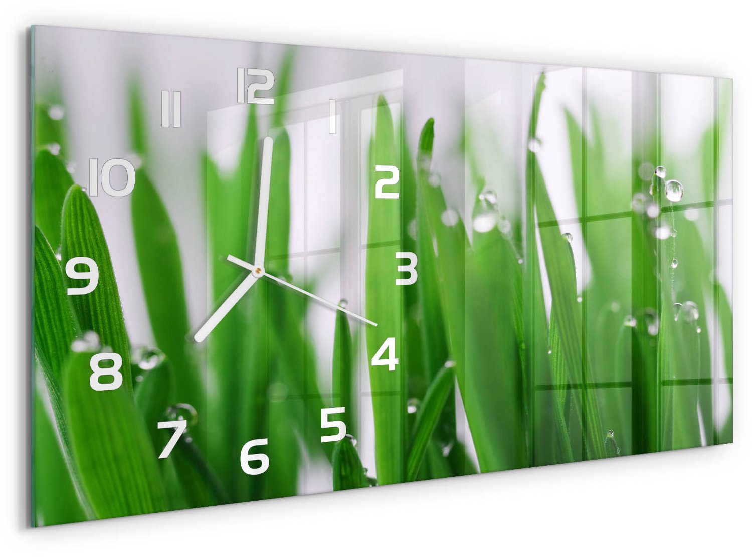 TULUP Wandklok - grassprieten Wandklok Glas Decoratie - 60x30 cm - Groente Gekleurde Glazen Klok - Witte handen - Rechthoekige Klok - Klok Glas Met Opdruk - Moderne Wandklok Glas