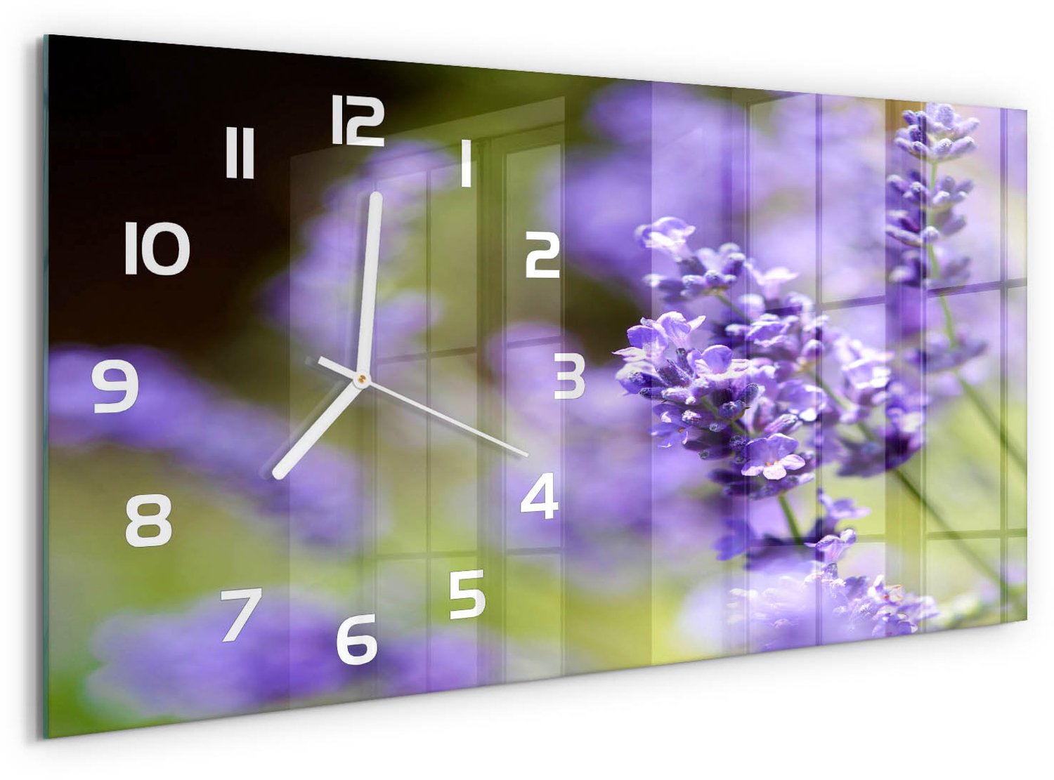 TULUP Wandklok - Lavendel Moderne Wandklok Glas - 60x30 cm - Paars Wandklok Glas Decoratie - Witte handen - Rechthoekige Klok - Glazen Wandklok Design - Klok Glas Met Opdruk
