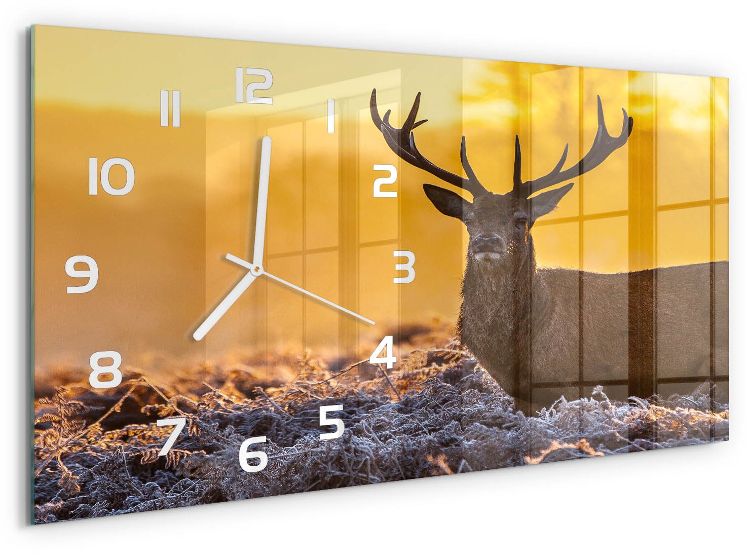 TULUP Wandklok - Zonsopgang boven de herten Moderne Wandklok Glas - 60x30 cm - Oranje Wandklok Glas Decoratie - Witte handen - Rechthoekige Klok - Glazen Wandklok Design - Klok Glas Met Opdruk