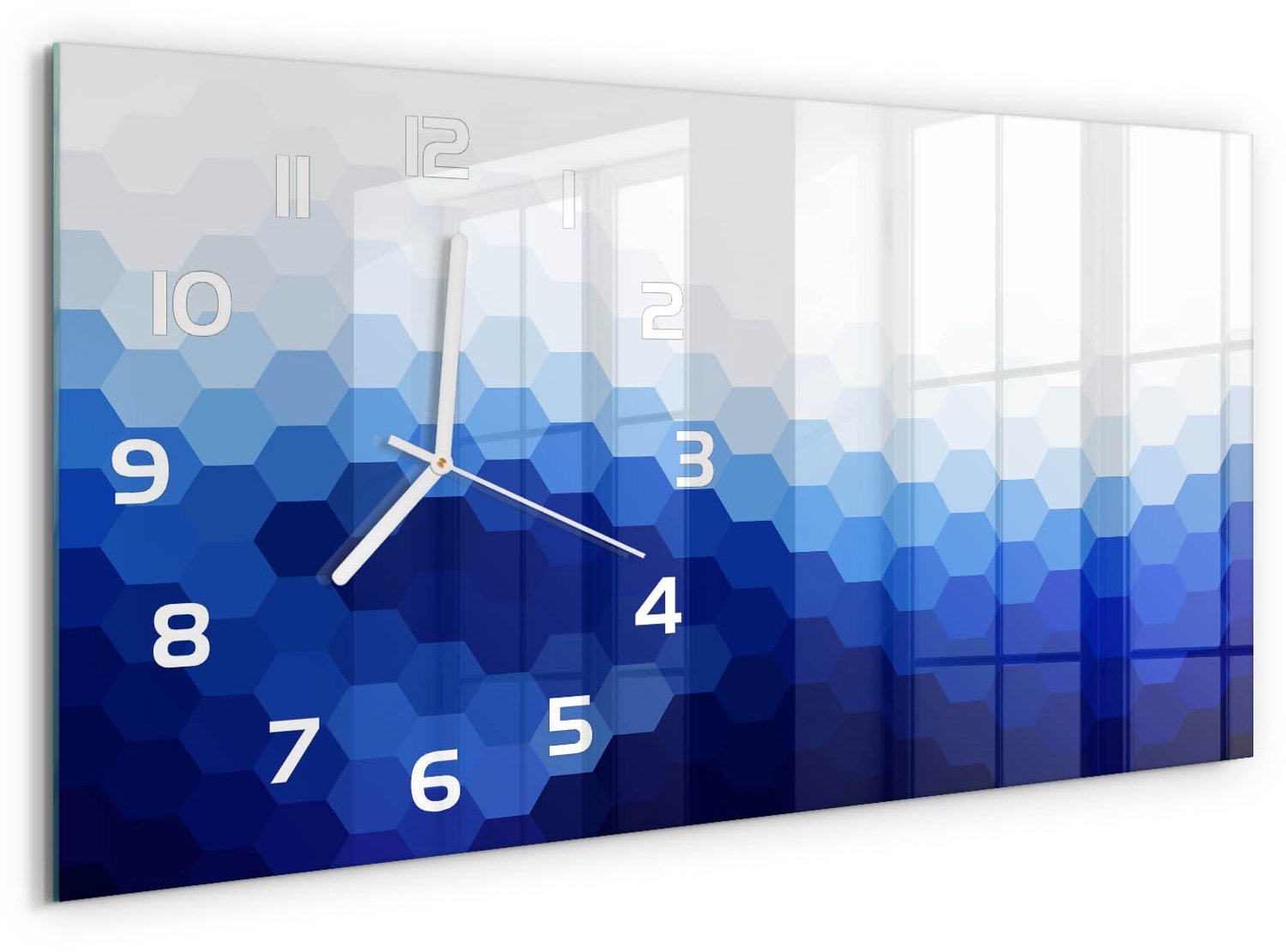 TULUP Wandklok - Kubusachtergrond Wandklok Glas Met Motief - 60x30 cm - Blauw Decoratieve Glazen Klok - Witte handen - Rechthoekige Klok - Gekleurde Glazen Klok - Glazen Klok Met Print