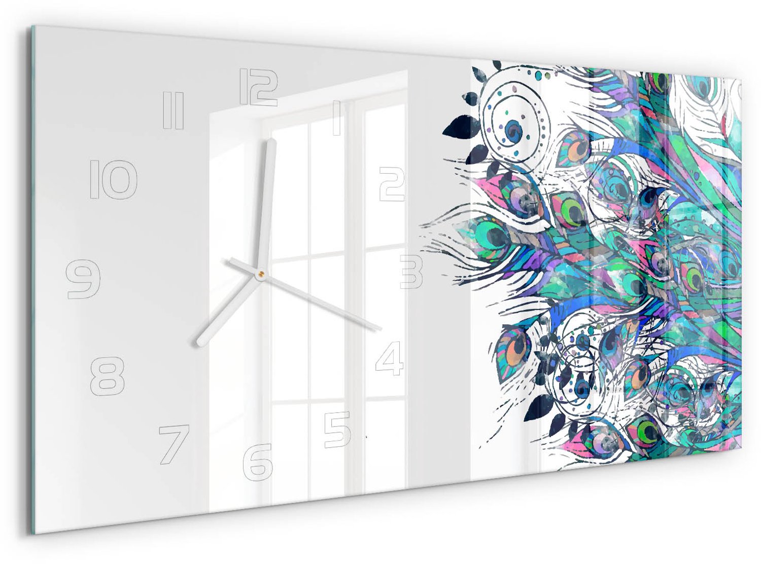 TULUP Wandklok - Pauwenveren Glazen Klok Met Print - 60x30 cm - Veelkleurig Wandklok Glas Met Motief - Witte handen - Rechthoekige Klok - Wandklok Glas Decoratie - Gekleurde Glazen Klok