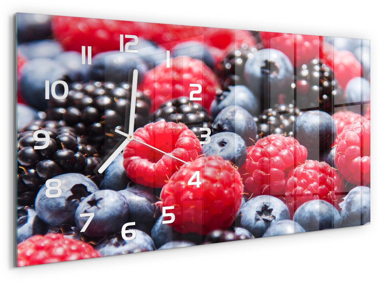TULUP Wandklok - Bosvruchten Wandklok Glas Decoratie - 60x30 cm - Rood Gekleurde Glazen Klok - Witte handen - Rechthoekige Klok - Klok Glas Met Opdruk - Moderne Wandklok Glas