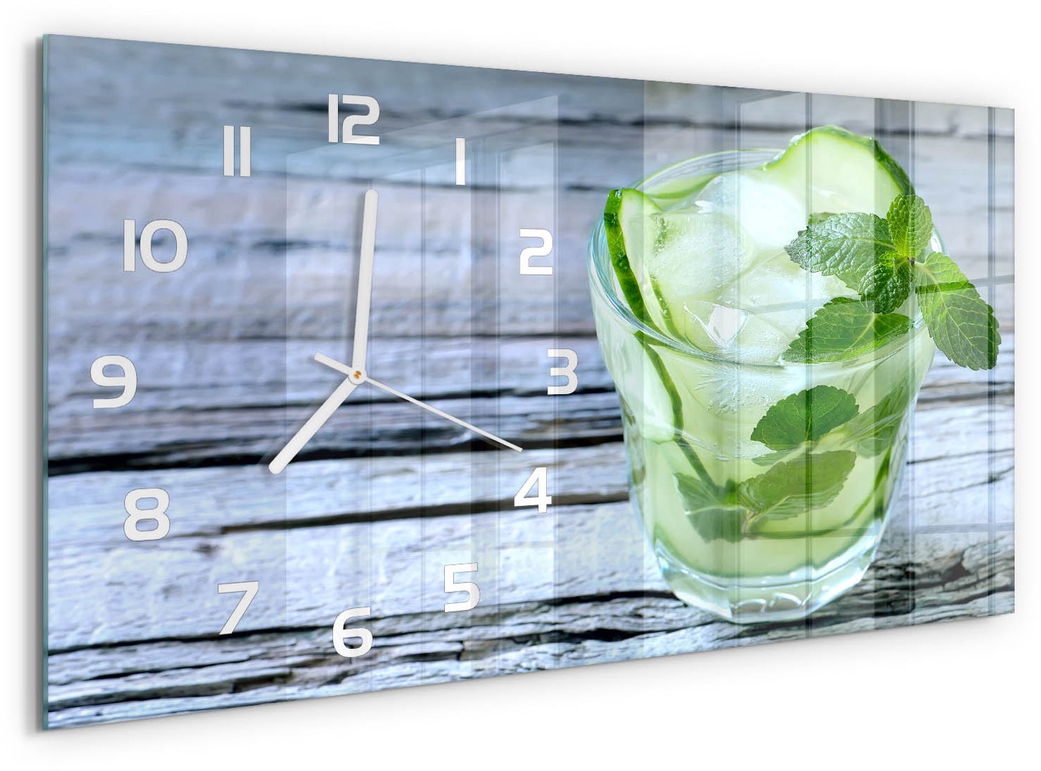 TULUP Wandklok - Komkommerwater Glazen Klok Met Print - 60x30 cm - Groente Wandklok Glas Met Motief - Witte handen - Rechthoekige Klok - Wandklok Glas Decoratie - Gekleurde Glazen Klok