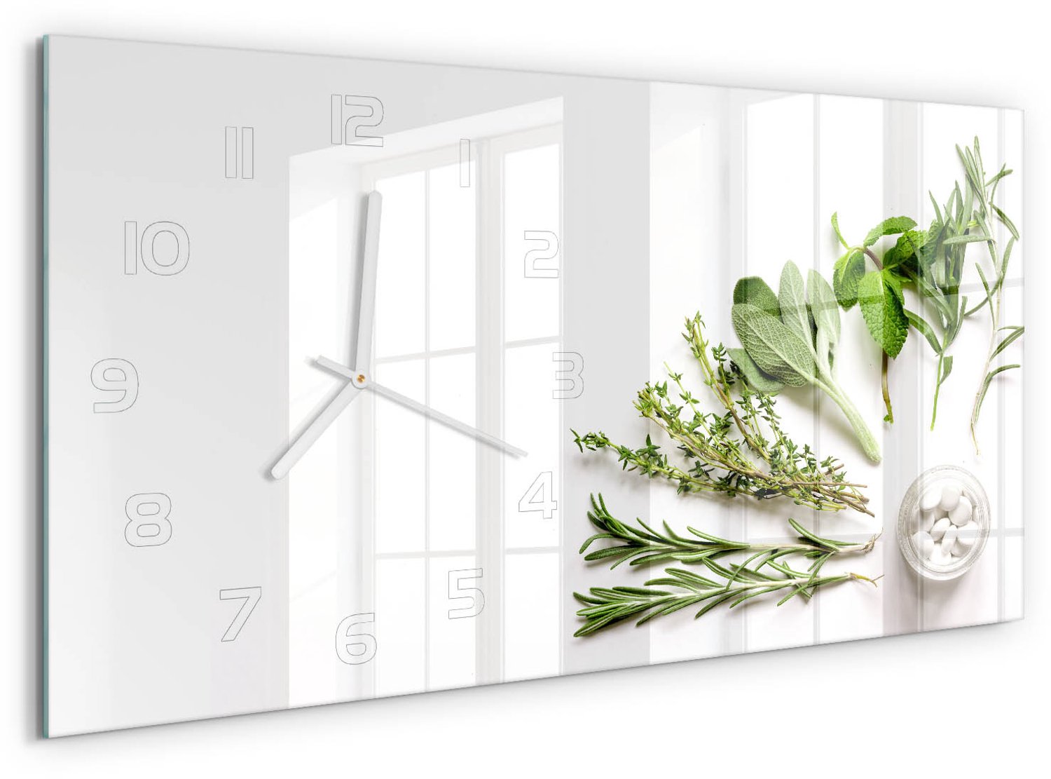 TULUP Wandklok - Kruiden Gekleurde Glazen Klok - 60x30 cm - Groente Glazen Klok Met Print - Witte handen - Rechthoekige Klok - Moderne Wandklok Glas - Wandklok Glas Decoratie
