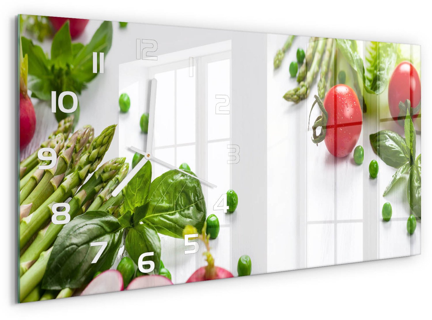 TULUP Wandklok - Verse groenten Wandklok Glas Met Motief - 60x30 cm - Rood Decoratieve Glazen Klok - Witte handen - Rechthoekige Klok - Gekleurde Glazen Klok - Glazen Klok Met Print