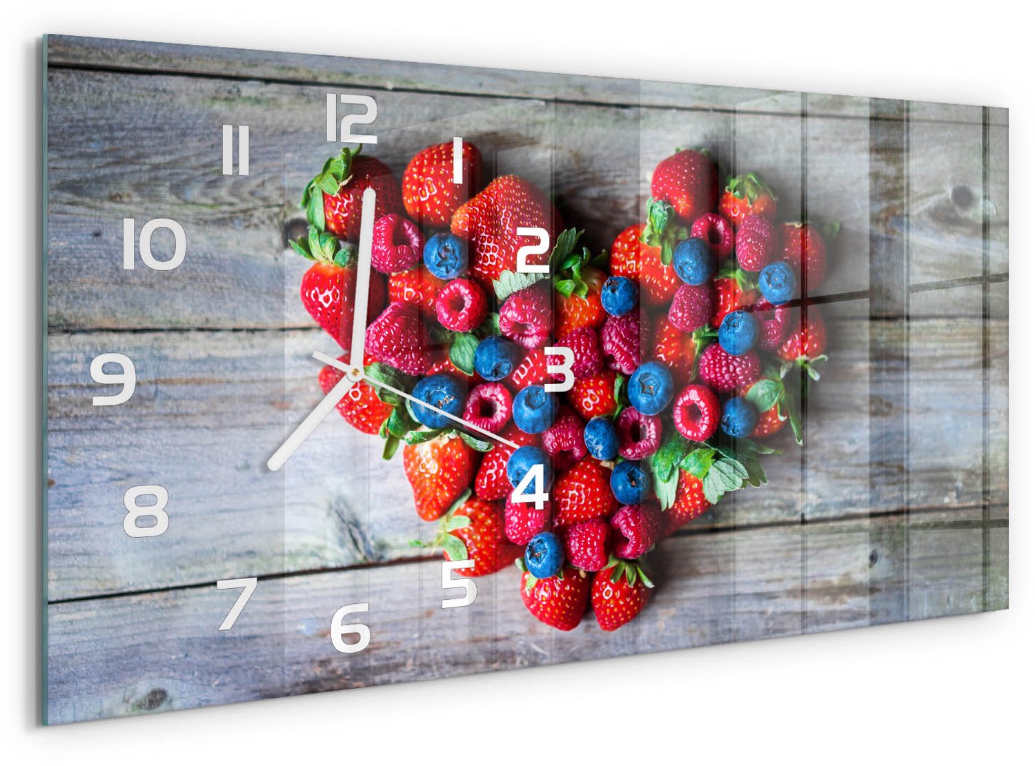 TULUP Wandklok - Hart van Fruit Decoratieve Glazen Klok - 60x30 cm - Rood Glazen Wandklok Design - Witte handen - Rechthoekige Klok - Glazen Klok Met Print - Wandklok Glas Met Motief