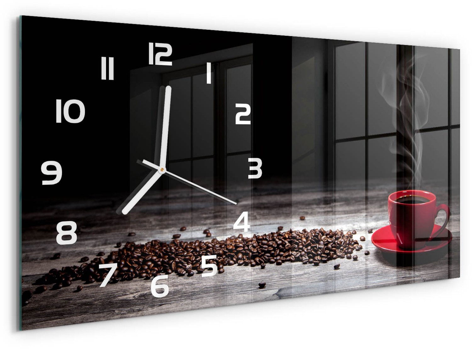 TULUP Wandklok - Aromatische koffie Glazen Klok Met Print - 60x30 cm - Rood Wandklok Glas Met Motief - Witte handen - Rechthoekige Klok - Wandklok Glas Decoratie - Gekleurde Glazen Klok