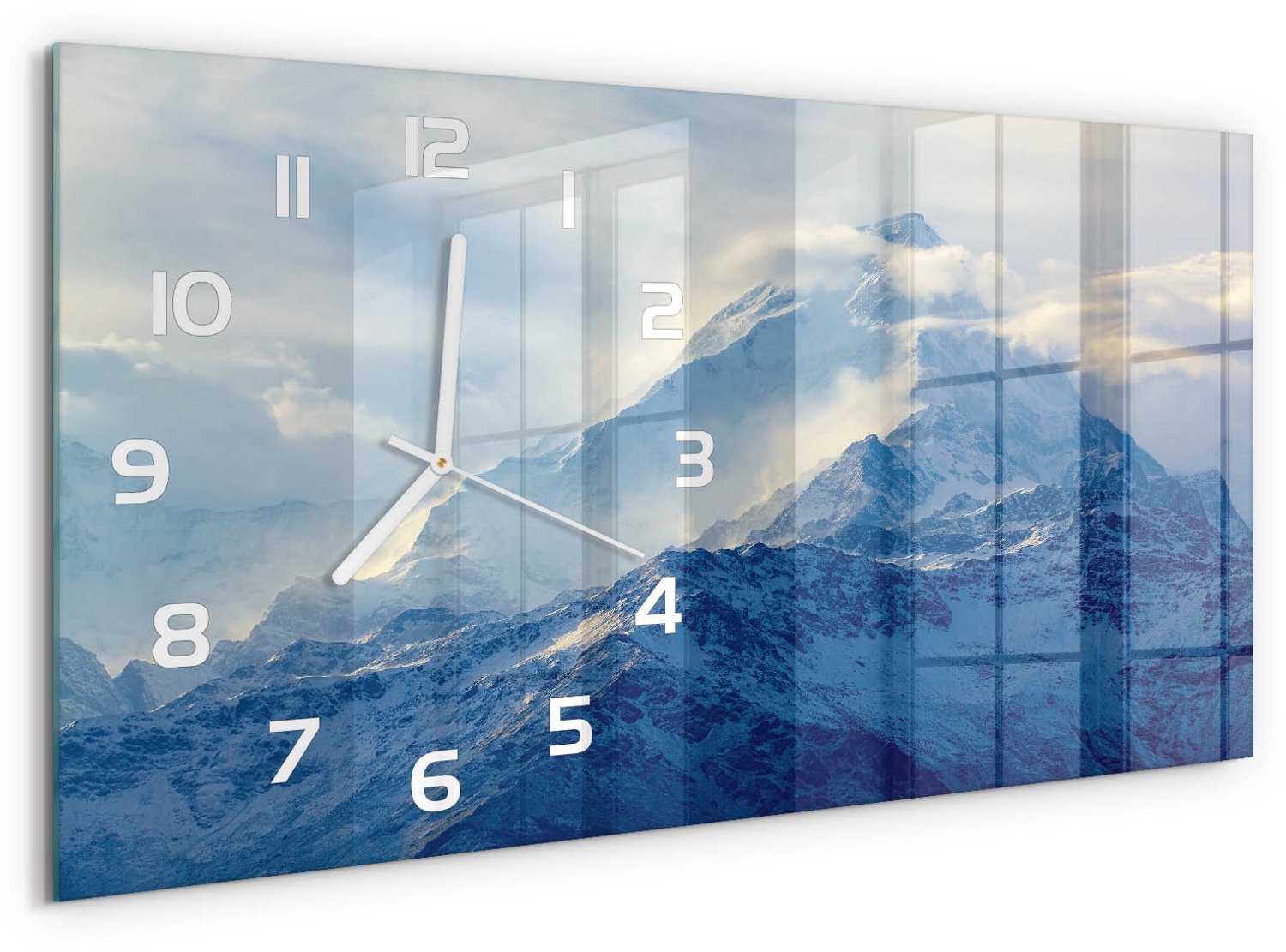 TULUP Wandklok - bergtop Glazen Wandklok Design - 60x30 cm - Blauw Klok Glas Met Opdruk - Witte handen - Rechthoekige Klok - Wandklok Glas Met Motief - Decoratieve Glazen Klok