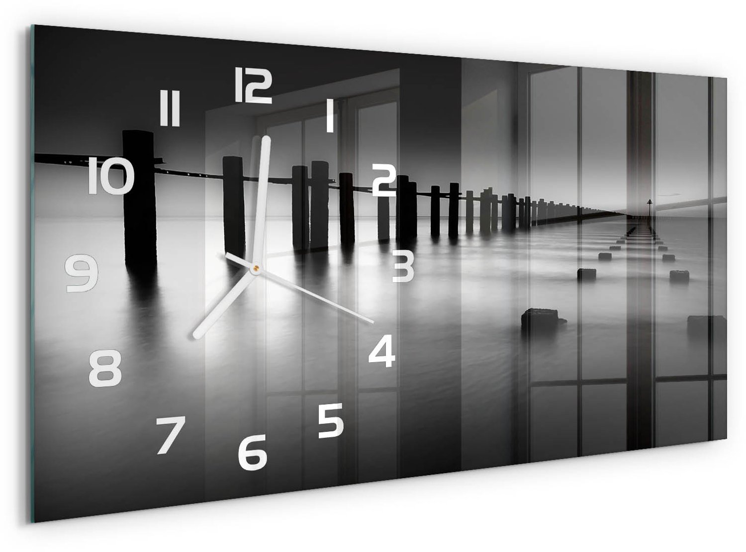 TULUP Wandklok - De golfbreker van de Theems Glazen Wandklok Design - 60x30 cm - Zwart-wit Klok Glas Met Opdruk - Witte handen - Rechthoekige Klok - Wandklok Glas Met Motief - Decoratieve Glazen Klok
