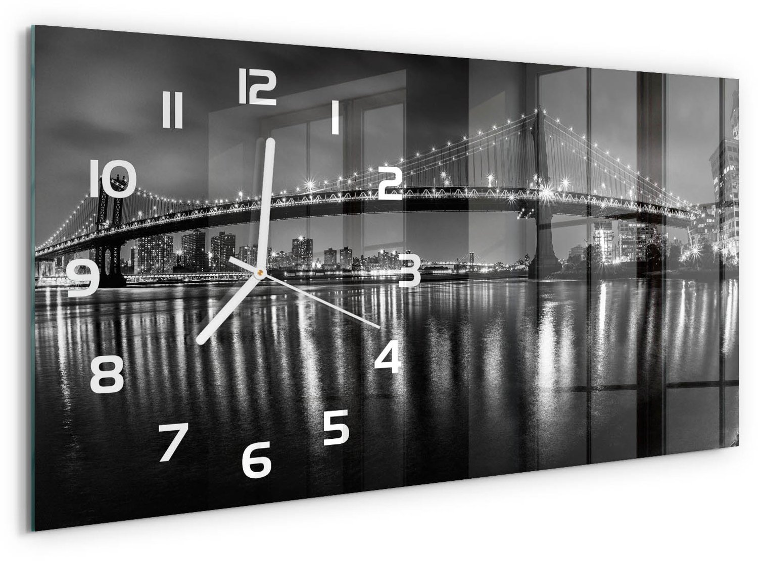 TULUP Wandklok - Manhattan 's nachts Klok Glas Met Opdruk - 60x30 cm - Zwart-wit Moderne Wandklok Glas - Witte handen - Rechthoekige Klok - Decoratieve Glazen Klok - Glazen Wandklok Design
