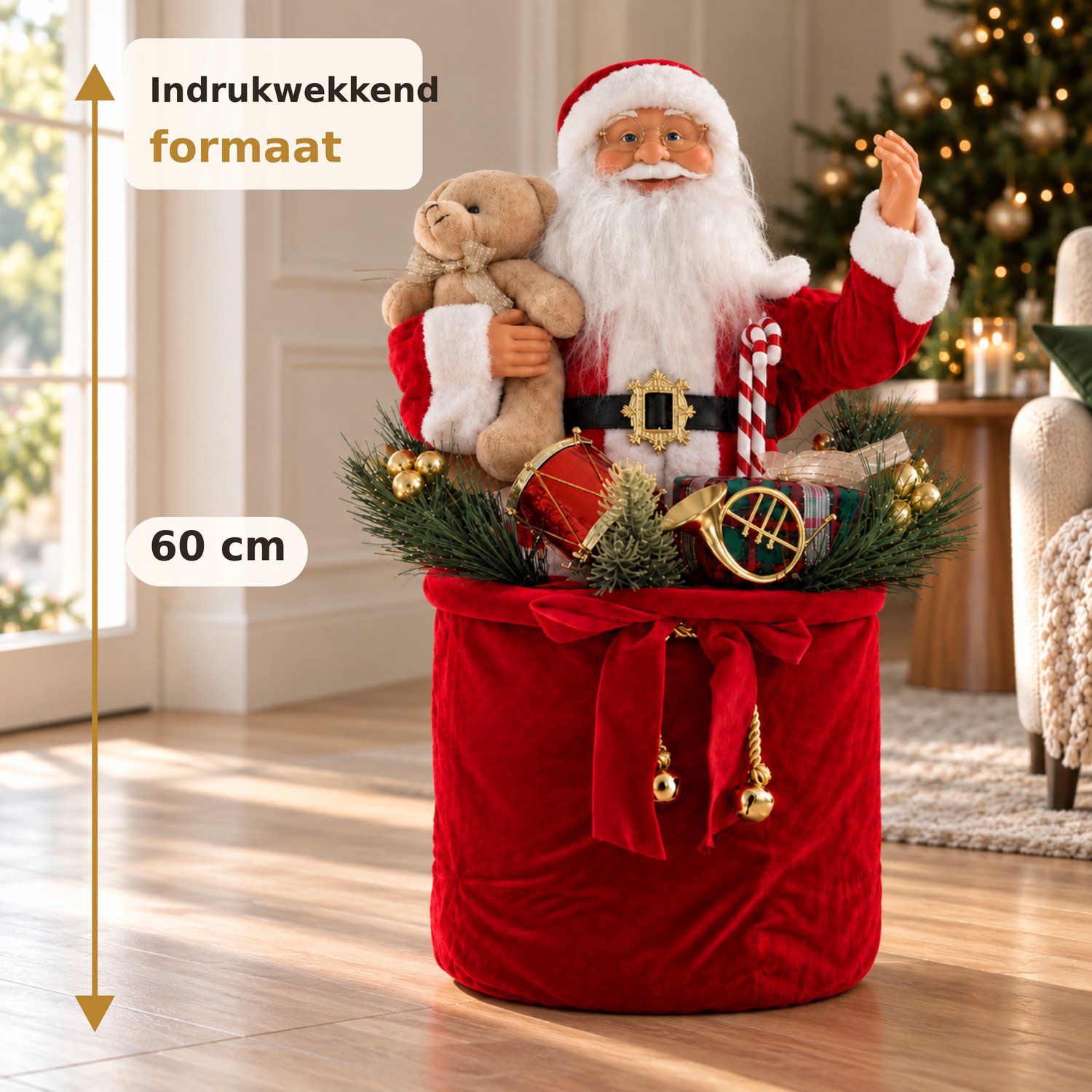 EasyMart Kerstman Decoratie 60 cm - Kerstdecoratie - Dansende Kerstman Pop met Muziek en LED-Verlichting - Op Batterijen - Kerstversiering voor Binnen – foto 2
