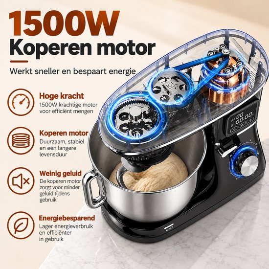 Sellino Keukenmachine - Krachtige Keukenmixer - Keukenapparaat - Deegkneedmachine - 1500 W - 6,5 L RVS Mengkom - 6 Snelheden - Zwart — afbeelding 5