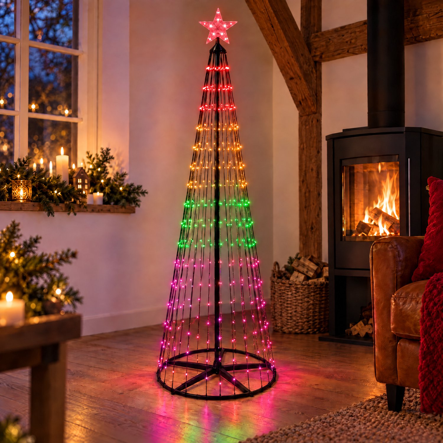 Cheqo® LED Kerstboom 150 cm - 154 LED - RGB Kleurwisselend - Vlaggenmast Kerstboom - Vlaggenmast Verlichting - Kerstverlichting voor Binnen - Kerstlampjes - Lichtboom - Lichtkegel - Kerstdecoratie - Sfeerverlichting - Feestverlichting