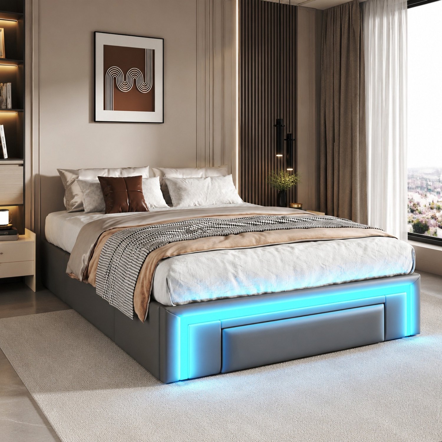 CHICFURN Bedframe 90 x 200 cm - lades - LED-verlichting - grijs