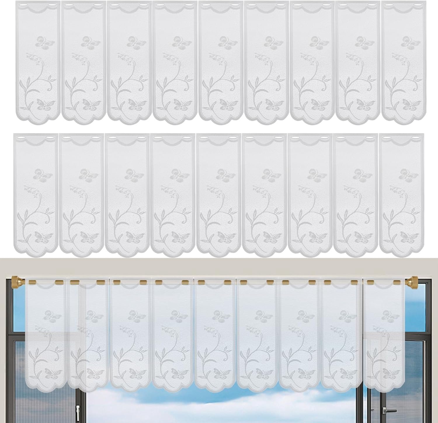 Modern, set van 2, 130 x 45 cm, kort, bistrogordijn, halftransparant, wit, bloemen, borduursels voor kast, raam, keuken, woonkamer, caravan