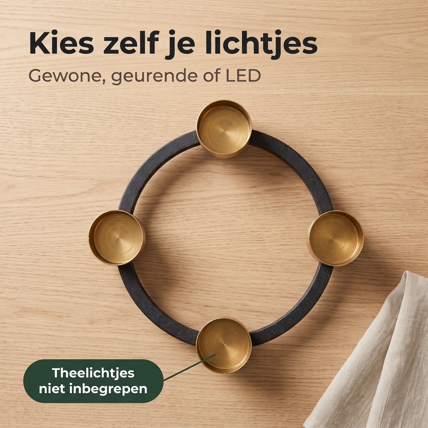 Cheqo® Theelichthouder Rond voor 4 Theelichtjes - Adventskrans Zwart Goud - Waxinelichthouder - Kaarsenhouder - Advent Kandelaar - Kerstdecoratie - Kaarsenstandaard - Tafelversiering - Herfstdecoratie - Kerstversiering - Sfeerverlichting Binnen – foto 6