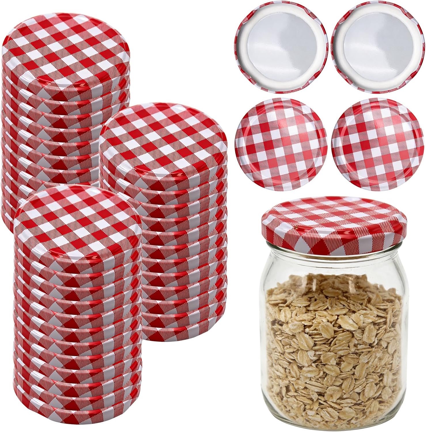 Deksels, set van 40 stuks, 73 mm, reservedeksel, metalen schroefdeksel, rood en wit, geruit, twist-off-deksel voor inmaakpotten met een diameter van 65 mm