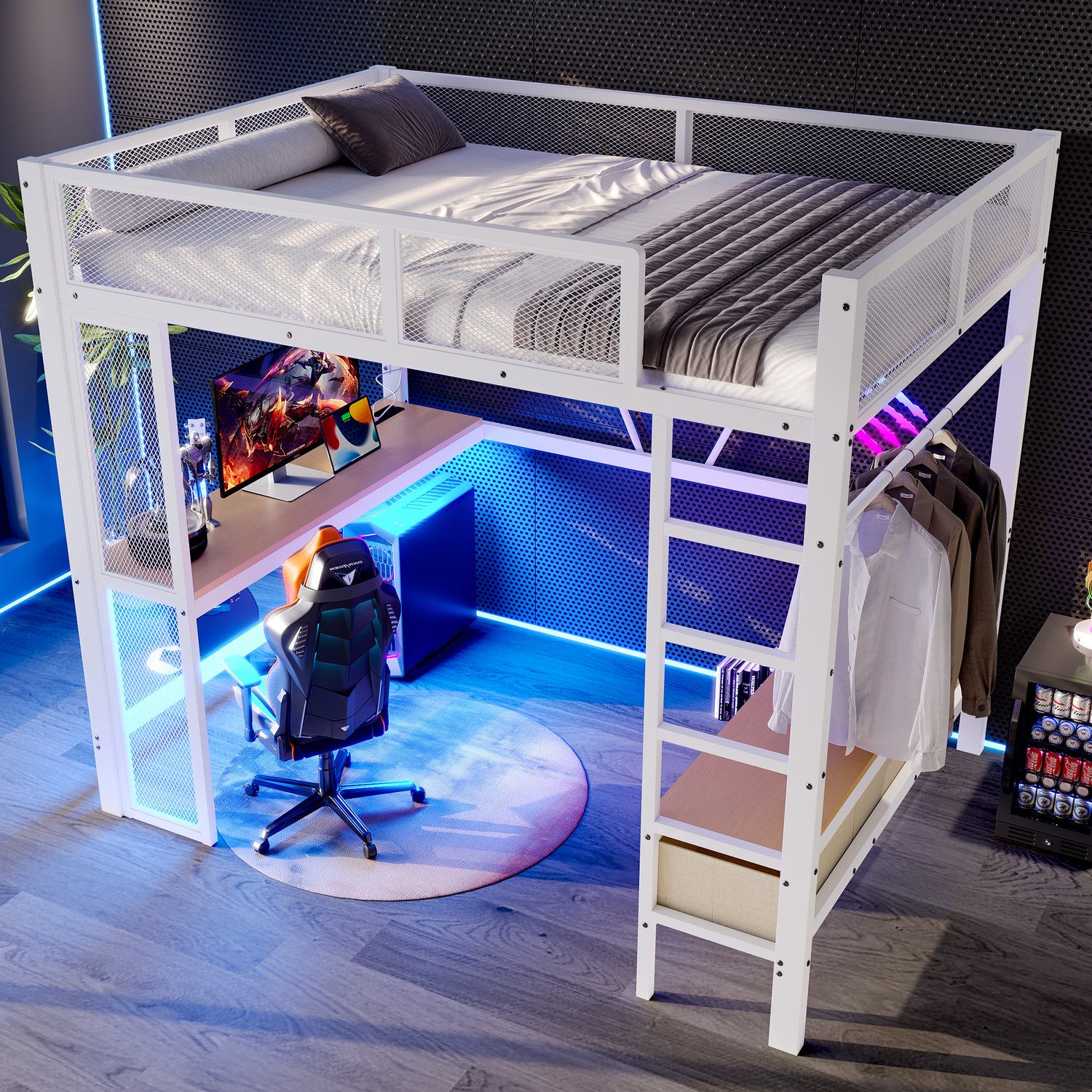 MUVANO Metalen hoogslaper 140x200 met bureau - LED-verlichting met 16 kleuren - USB-aansluiting - 3 opberglades - open kledingrek - wit