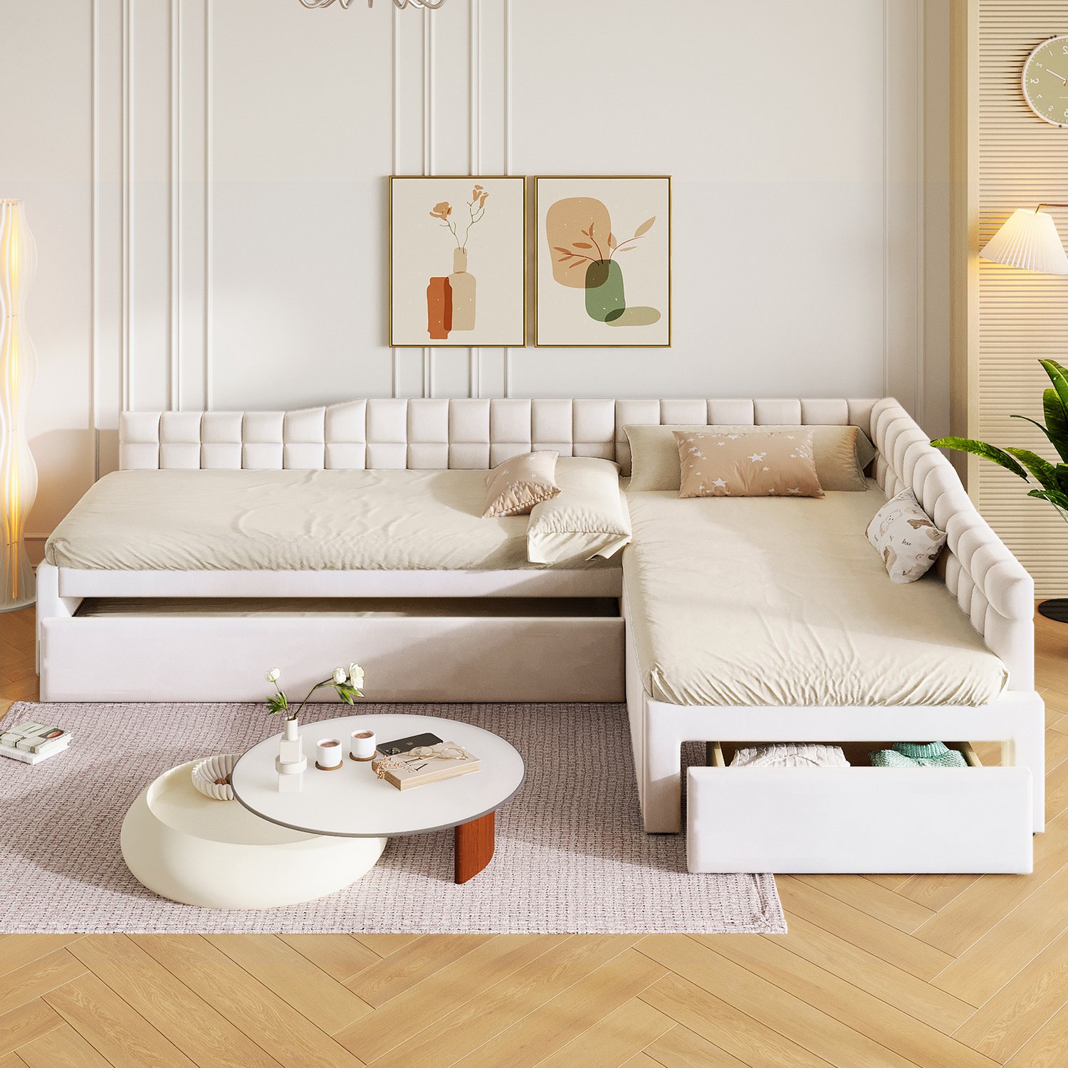 MUVANO L-vormig gestoffeerd bed 90x200 - Bed met onderschuifbed voor extra slaapplaats - Beige fluwelen bed - Met opberglades, 295,5 x 95,5 x 57,5 cm wit