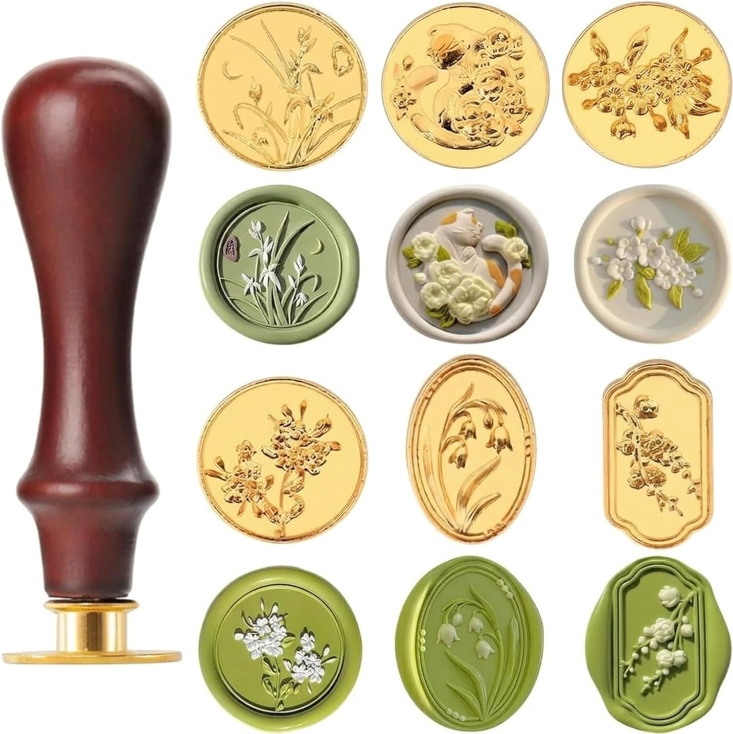6 stuks waszegelset met houten handvat, zegelstempelset van bloemen, zegelwasstempel voor kaarten, enveloppen - ShopVlot