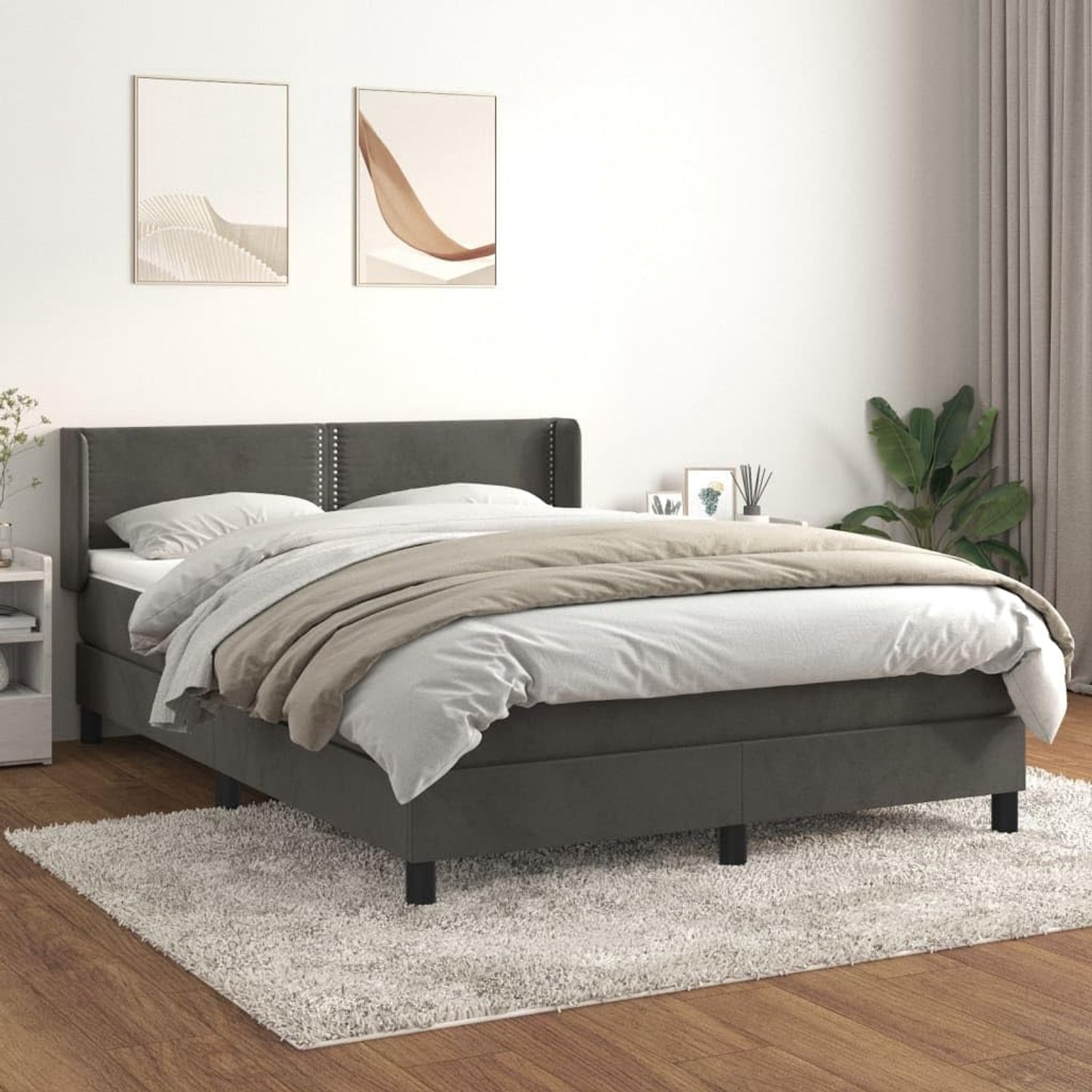 Boxspring met matras fluweel donkergrijs 140x190 cm verstelbaar hoofdbord pocketvering huidvriendelijk voor leeshoekje films kijken middelhard rugslapers buikslapers