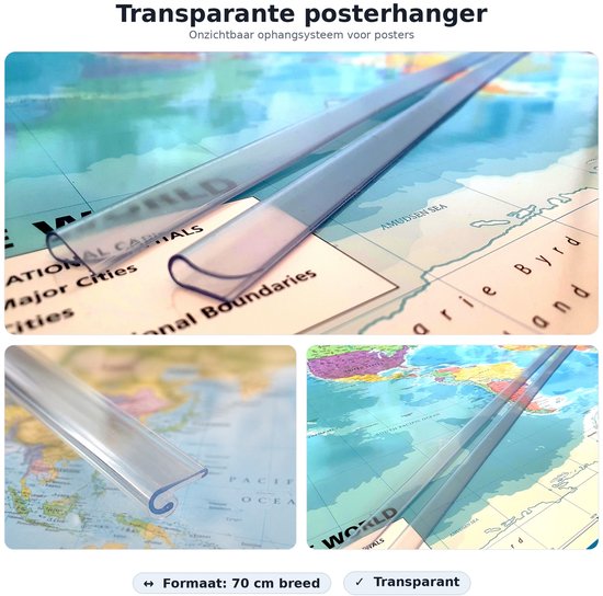 Trois images d'accroche-posters transparents de 70cm de large sur une carte du monde. Texte 'Transparent posterhanger' et 'Format: 70 cm breed'.