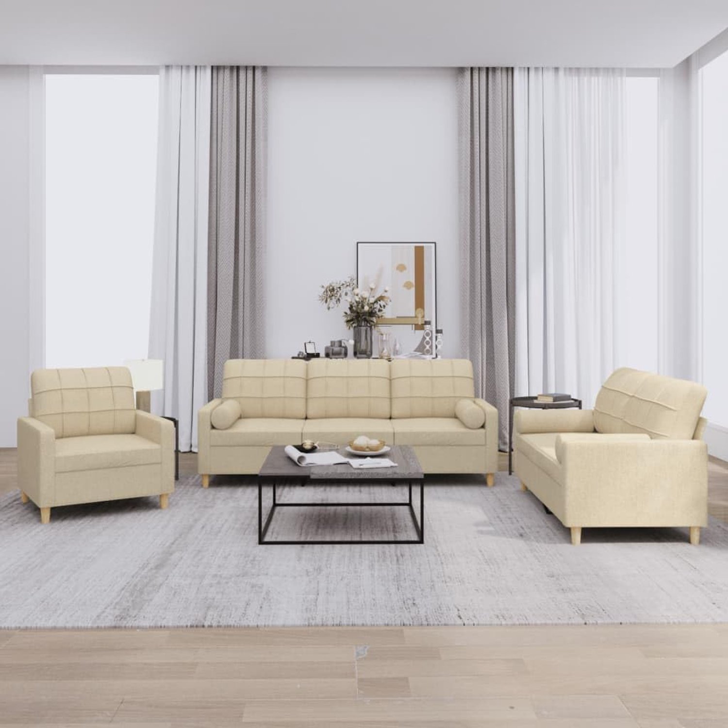 3-delige bankgarnituur, bekleding met kussens in crème stof, comfortabele bankset met rolkussen voor woonkamer
