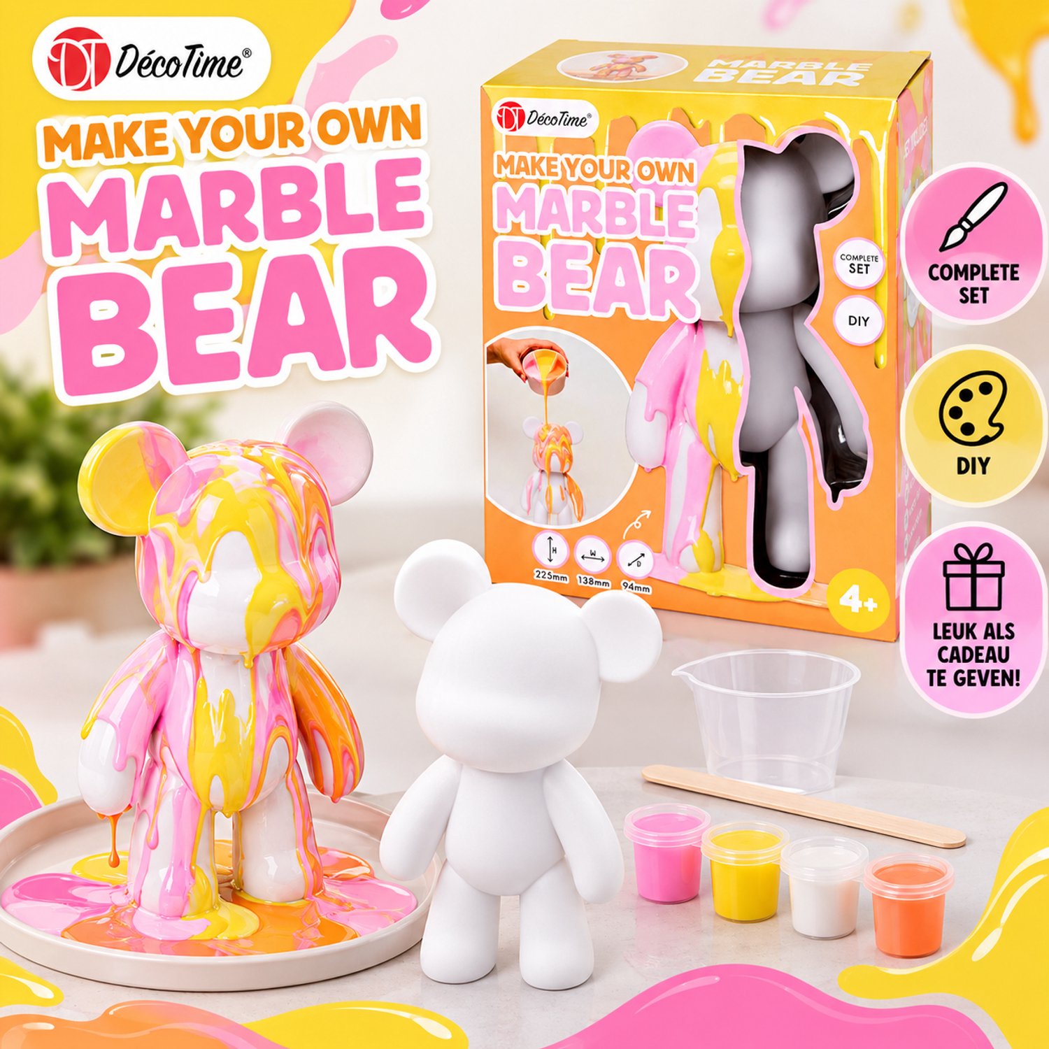 DécoTime Make Your Own Marble Bear – DIY Knutselset – Beer Beschilderen met Marble Effect – Complete Creatieve Set – 22,5 cm – Vanaf 4 Jaar