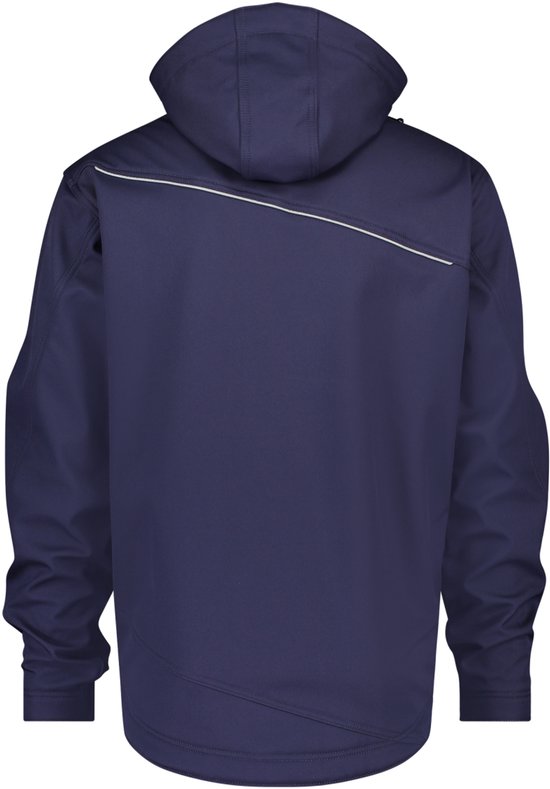 Donkerblauwe DASSY softshelljas met capuchon, ritssluiting en reflecterende biezen op de rug.