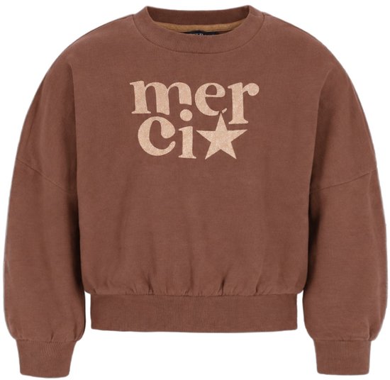 Bruine Like Flo sweater met 'merci' tekst en ster in glitterprint.