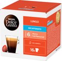 Nescafé Dolce Gusto Lungo Decaffeinato doos met 16 cups, met een kopje rijke, cafeïnevrije lungo koffie.