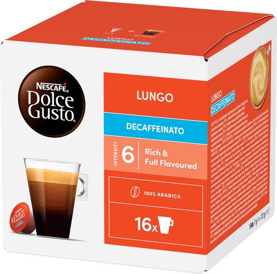 Nescafé Dolce Gusto Lungo Decaffeinato doos met 16 cups, met een kopje rijke, cafeïnevrije lungo koffie.