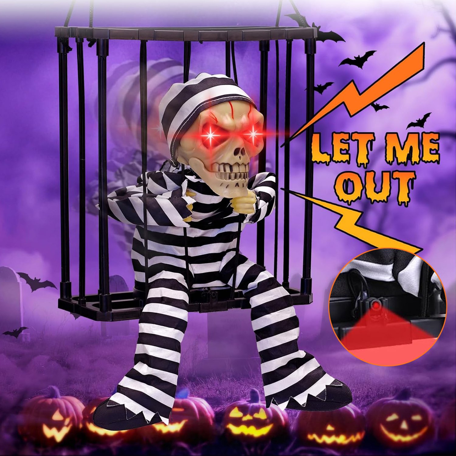 Infraroodsensor-Skeletgeest - Schreeuwend Skelet-Gevangene - Hangende Halloween-Decoraties - Griezelig Geluid En Oplichtende Led-Ogen