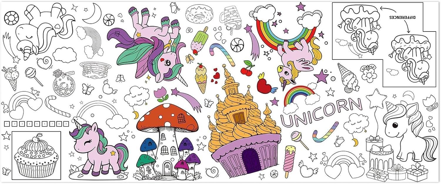 Kleurplaat Tafelkleed voor Kinderen, 72 x 28 inch, Educatief Tekenen met Dieren, Creatieve Activiteit voor Jongens en Meisjes