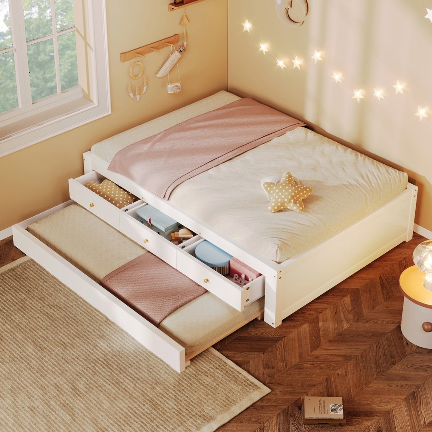 Pugsdrly 90 × 200 cm houten bed met 3 lades en uitschuifbaar logeerbed, wit