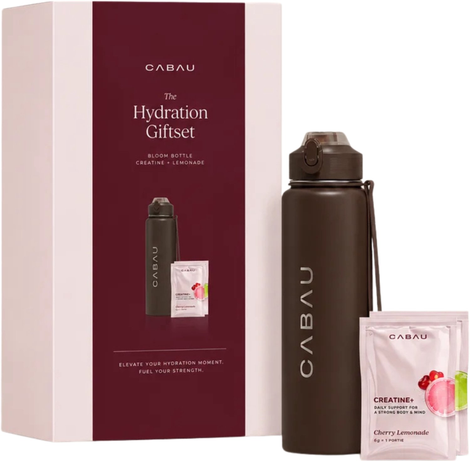 Cabau - Hydration Giftset - Bloom Waterfles & Creatine+ - Chocolate Brown - Cadeauset voor Vrouwen