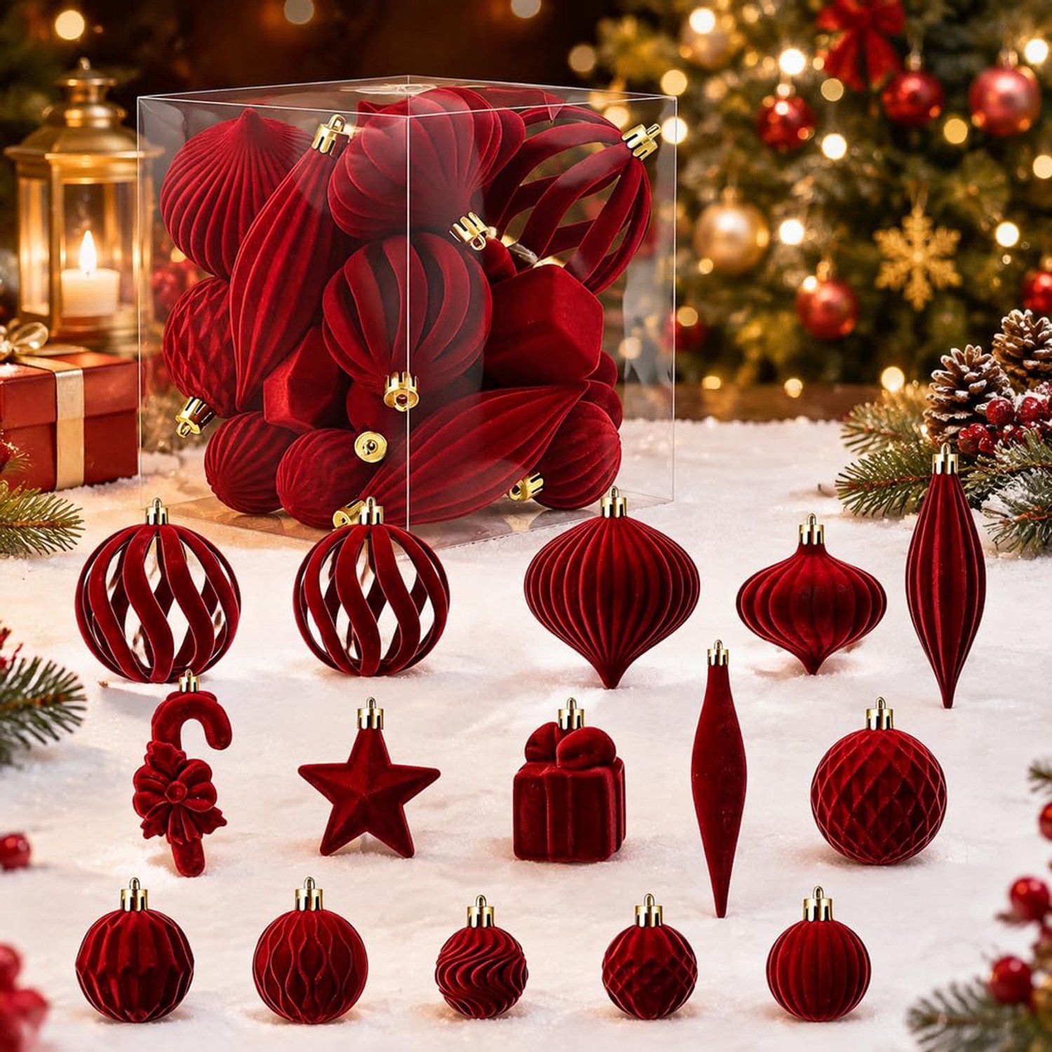 Kerstboomversiering - Kerstornamenten - Fluwelen Kerstballen - Kersthangers Set - Kerstboom Woonkamer - 28 Stuks 15 Vormen - Bordeauxrood
