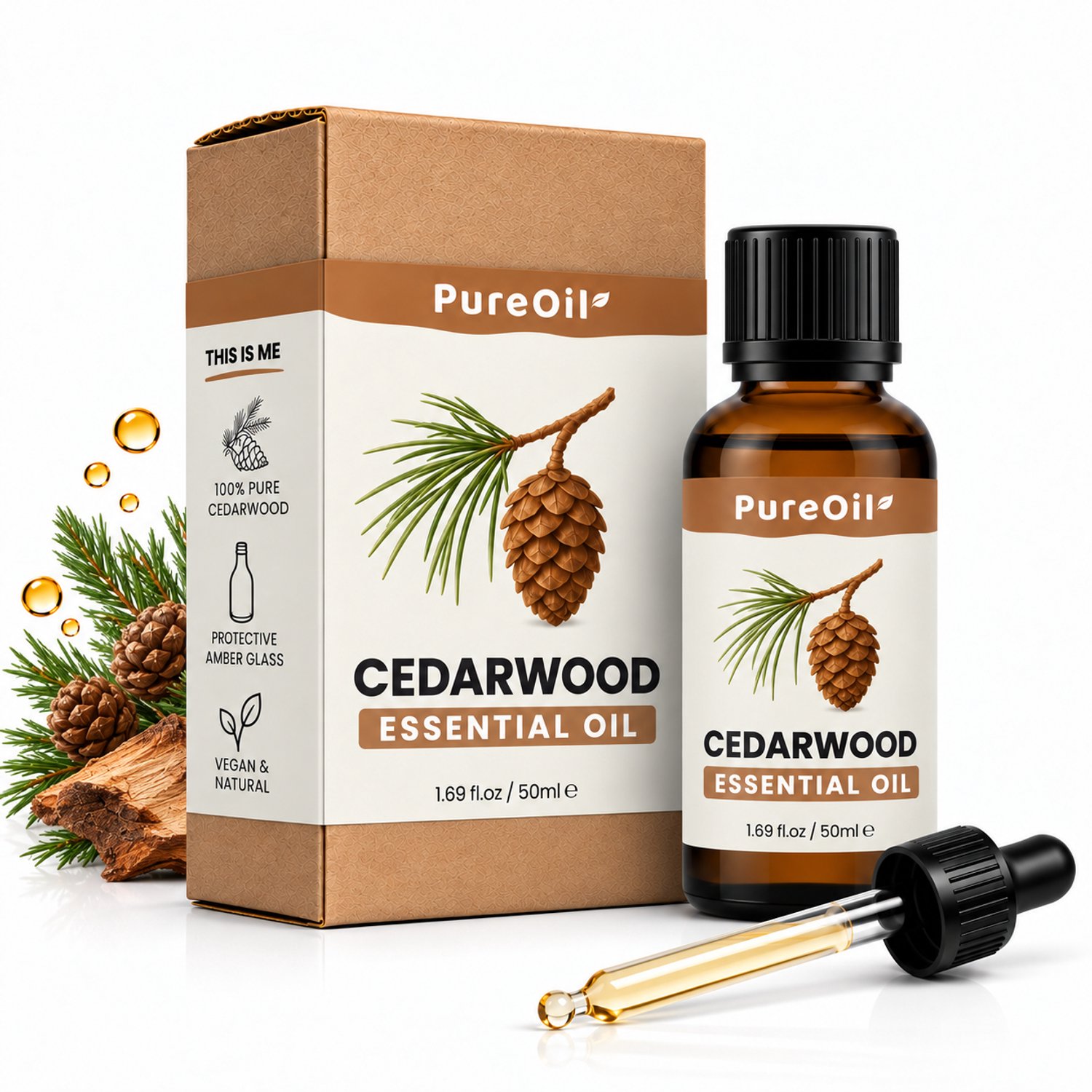 PureOil – Cederhout Etherische Olie – 50ml – 100% Puur, Natuurlijk & Vegan – Cedarwood Voor Haar | Huid | Gezicht | Scalp | Diffuser | Aromatherapie - Tegen Motten