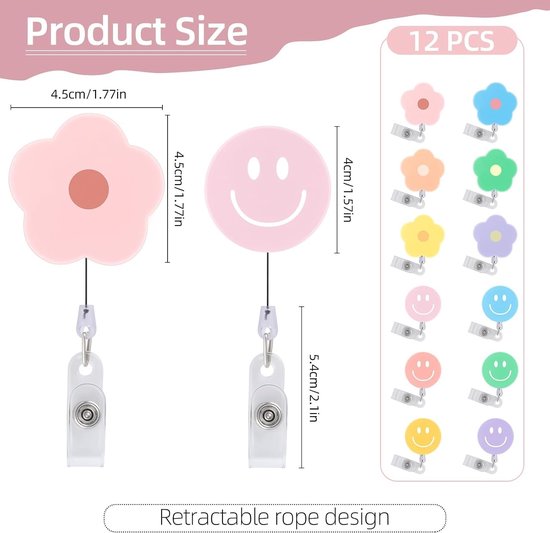 Retractable Badge Reel met Bloem en Glimlach - 12 Stuks ID Badge Houder voor Ziekenhuis, Kantoor en School - Medische Naam Badge Accessoires — afbeelding 5