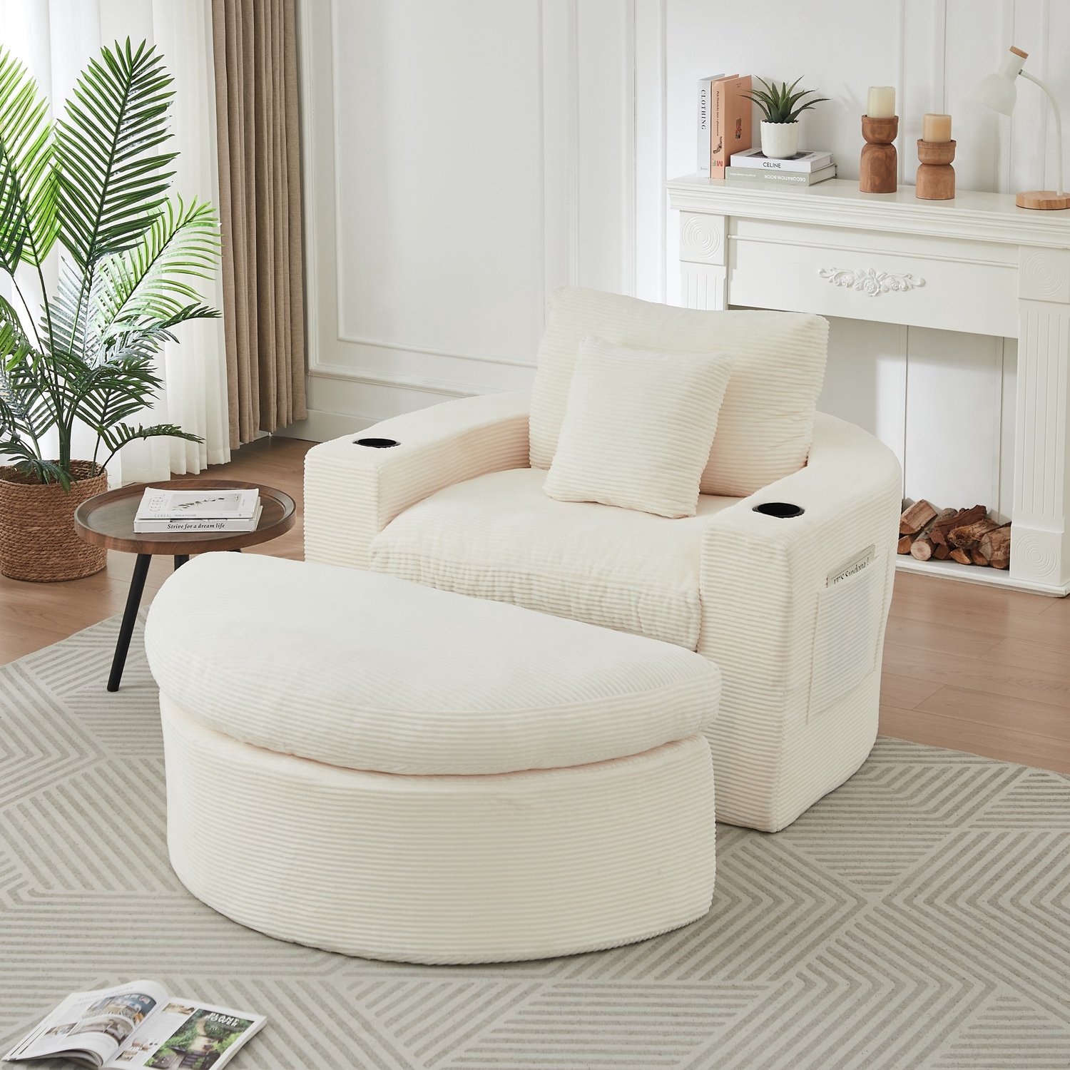 Sweiko Gestoffeerde Fauteuil - Eenzitsbankje - Inclusief hocker - 2 kussen - 2 bekerhouders - Beige