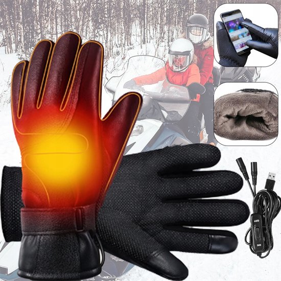 Zwarte USB-verwarmbare handschoenen met touchscreen-functie, pluche voering en oplaadkabel.