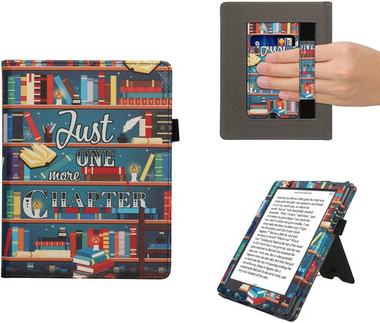 kwmobile e-reader hoesje geschikt voor Kobo Aura H2O Edition 2 hoes - E reader flip case van kunstleer - Ereader cover met stand - bibliotheek design in meerkleurig — afbeelding 2