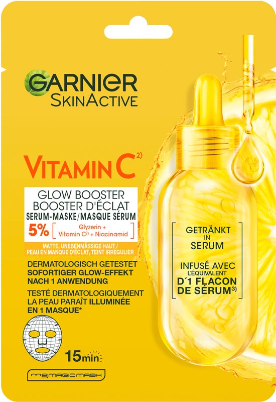 Garnier SkinActive Glow Booster serummasker met 5% vitamine C, niacinamide en glycerine. Verpakking met citroenillustraties.
